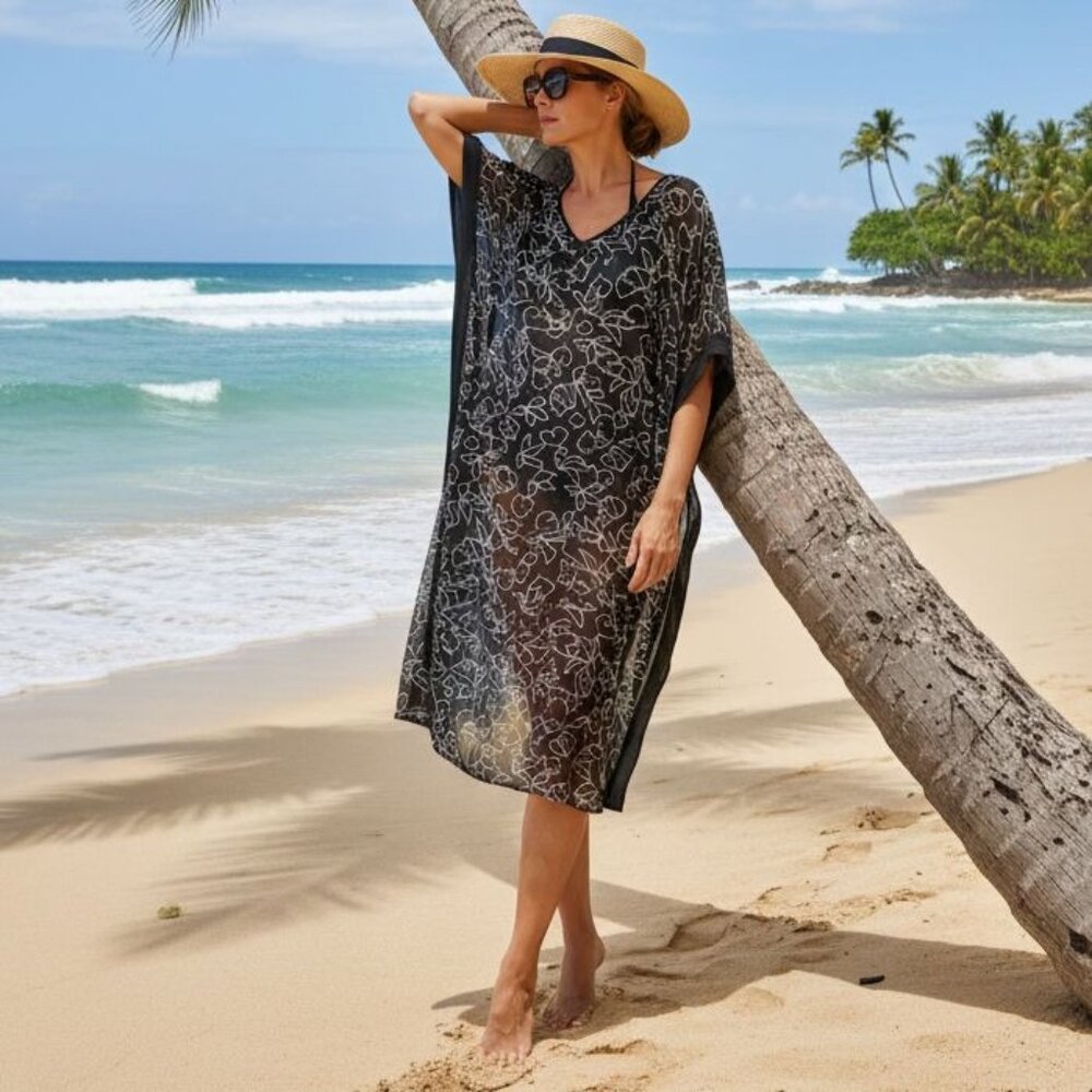 Calvin Klein S Floral Caftan Sheer Maxi Swimwear Cover-up Dress Oversized Cover